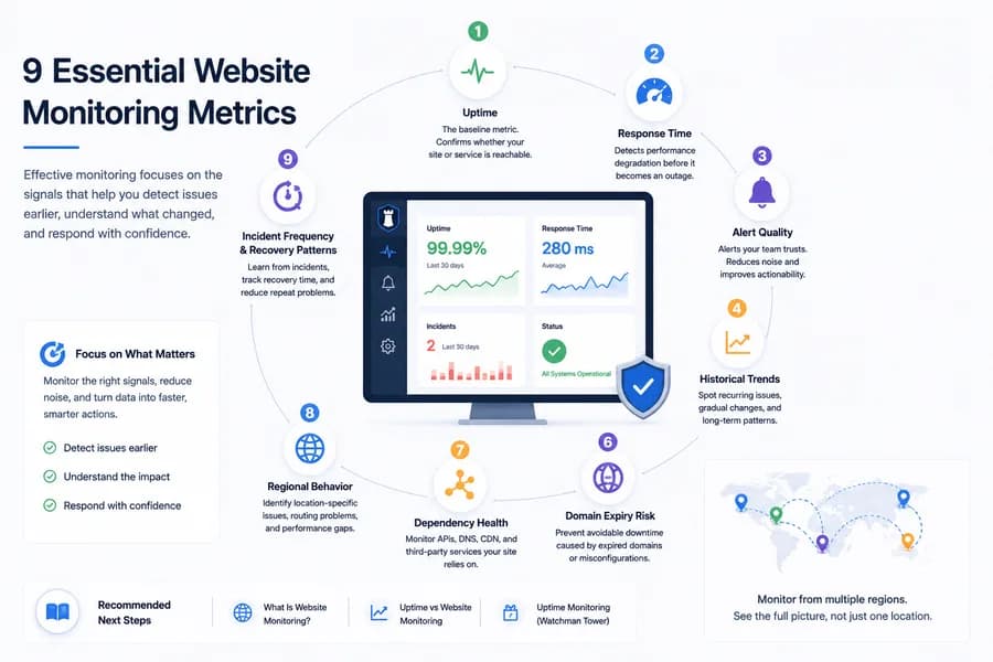 Minimal illustration of a website monitoring dashboard highlighting essential monitoring metrics, including uptime, response time, alert quality, historical trends, SSL health, domain expiry, dependency health, regional performance, and incident history.