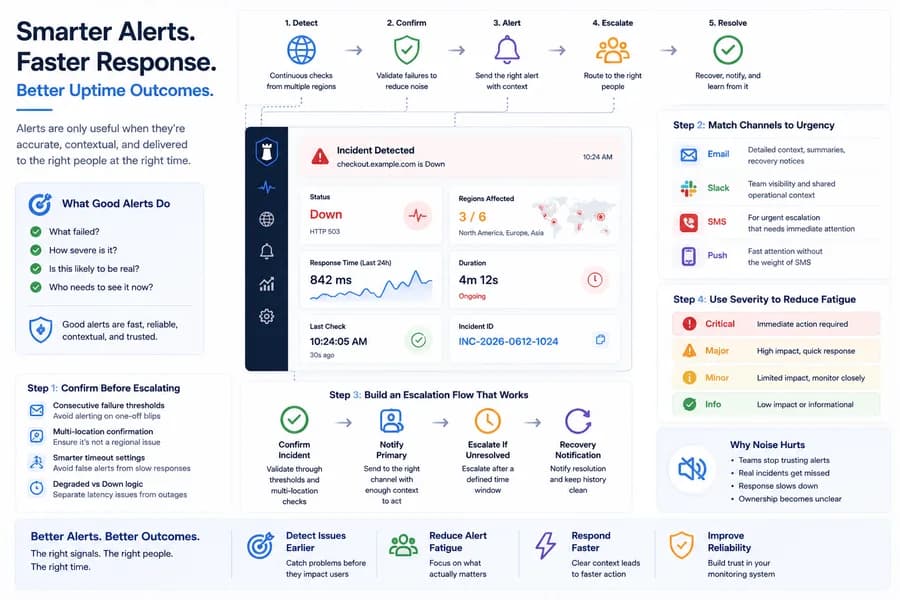 Minimal infographic illustrating an uptime alerting workflow with incident detection, multi-location confirmation, alert routing, escalation, severity levels, response time tracking, and recovery notifications.