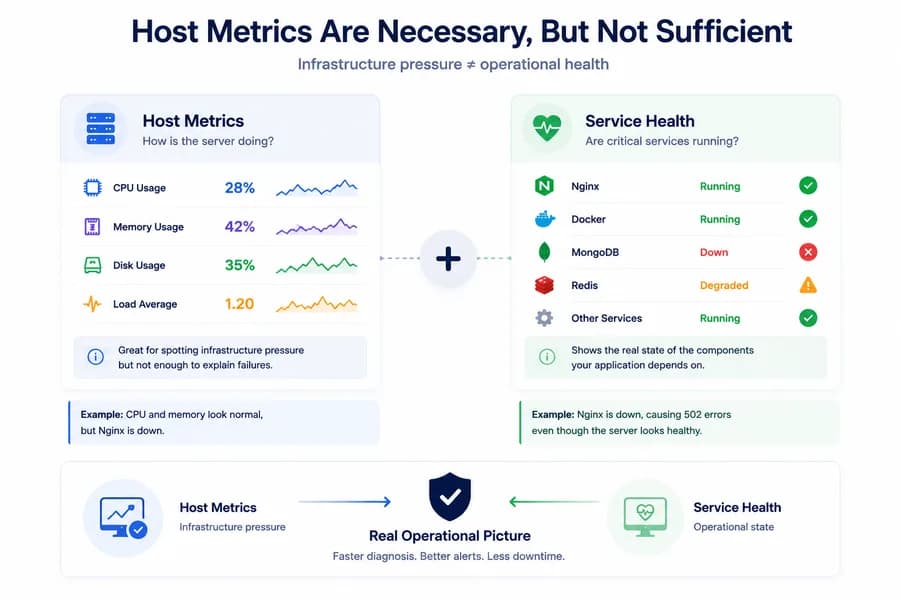 Minimal flat vector illustration comparing host metrics and service health, showing CPU, memory, disk, and load metrics alongside Nginx, Docker, MongoDB, and Redis service status to explain operational health.