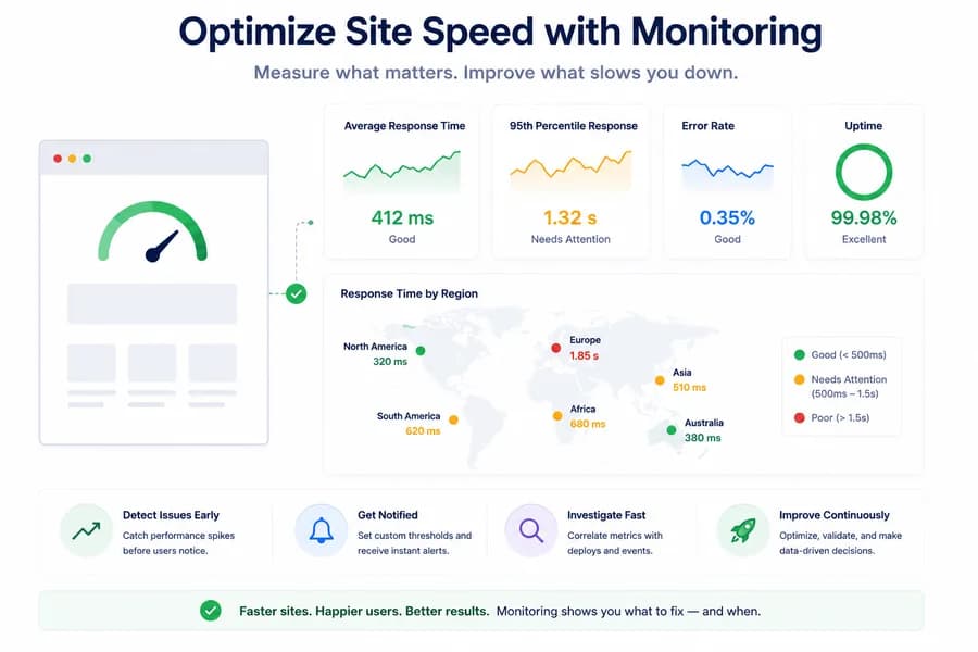 Minimal flat vector illustration of a website performance monitoring dashboard displaying response time, latency by region, uptime, error rate, and performance metrics used to optimize site speed.