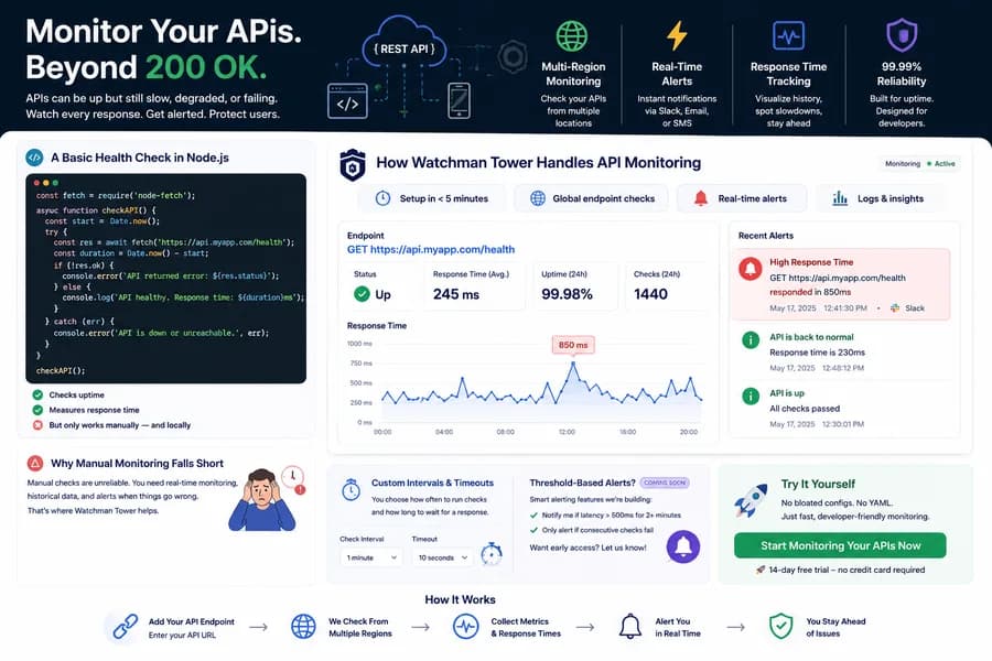 Modern flat vector illustration showing API monitoring with endpoint health checks, response time tracking, uptime monitoring, multi-region checks, real-time alerts, historical metrics, and developer-friendly API monitoring workflows.