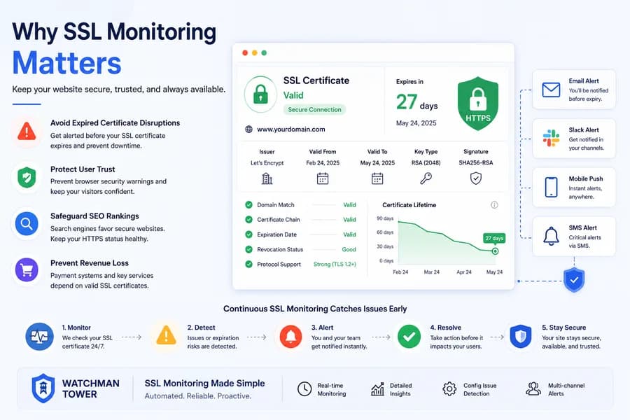 Minimal flat vector illustration showing proactive SSL certificate monitoring with certificate validity, expiration tracking, HTTPS security, automated alerts, and continuous monitoring to prevent browser warnings, downtime, and loss of user trust.