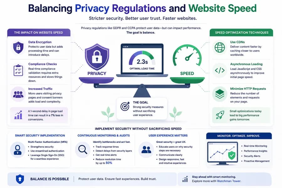 Minimal flat vector illustration showing the balance between website privacy regulations, security measures, and performance optimization. The illustration highlights encryption, compliance, monitoring, and speed optimization working together to deliver secure, fast, and reliable websites.