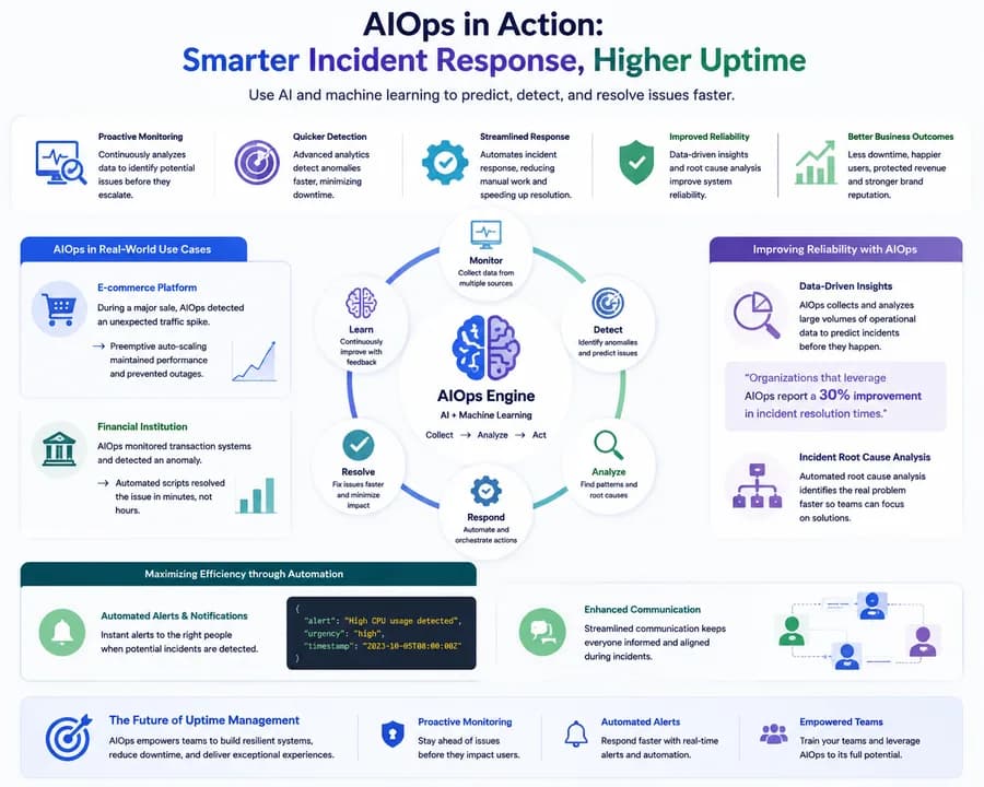 Minimal flat vector infographic showing how AIOps improves uptime management through AI-powered monitoring, anomaly detection, automated incident response, root cause analysis, and predictive operations.