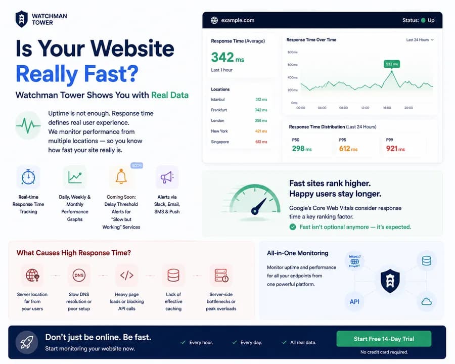 Minimal SaaS illustration showing website response time monitoring with real-time performance graphs, latency metrics, percentile analysis, uptime status, and multi-location monitoring insights from Watchman Tower.