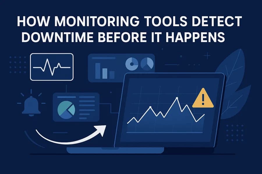 Illustration of monitoring dashboards detecting anomalies before downtime, with laptop graphs, warning icons, and heartbeat visuals in blue and green tones.
