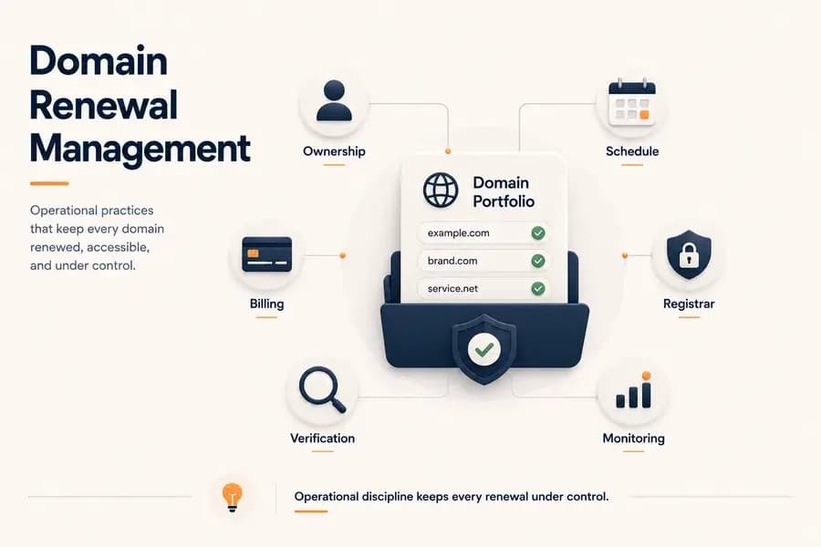 Editorial illustration showing a centralized domain portfolio connected to ownership, billing, scheduling, registrar management, verification, and monitoring, representing a structured domain renewal management process.