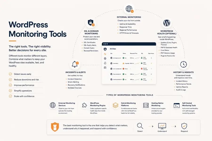 WordPress monitoring tools combining external uptime checks, SSL and domain monitoring, incident alerts, performance insights, and optional WordPress health data.