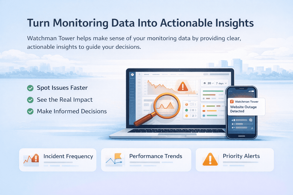 Clean horizontal illustration showing a laptop and smartphone with monitoring dashboards, alert signals, and a magnifying glass, emphasizing how Watchman Tower turns monitoring data into actionable insights like incident frequency, performance trends, and priority alerts.