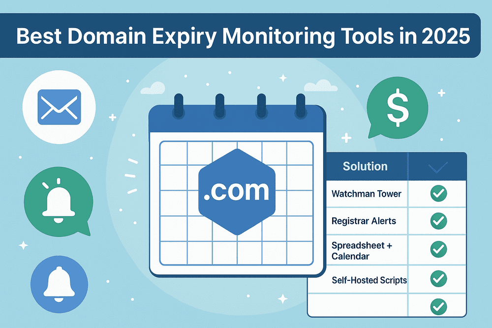 Infographic comparing best domain expiry monitoring tools in 2025, showing Watchman Tower, registrar alerts, spreadsheets, and self-hosted scripts with calendar and notification icons.