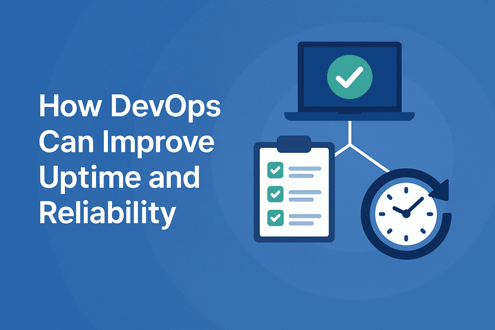 A blue-toned horizontal illustration showing a laptop with a checkmark, a checklist, and a clock icon connected together, representing how DevOps improves uptime and reliability.