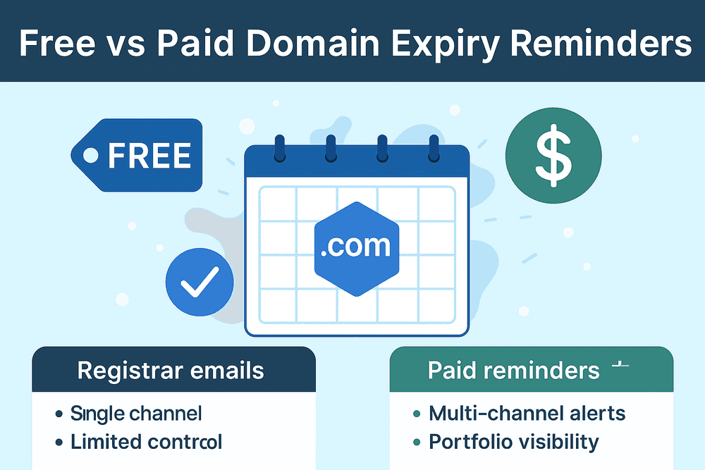 Infographic comparing free vs paid domain expiry reminders, showing registrar emails with single channel alerts versus paid tools with multi-channel alerts and portfolio visibility.