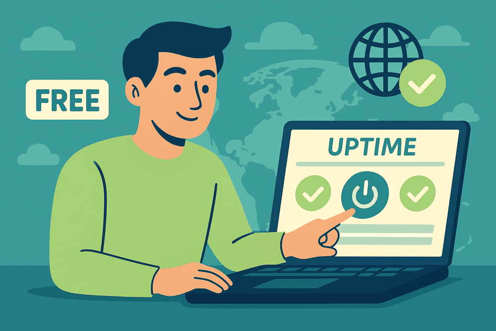 Illustration of a person easily activating free website uptime monitoring on a laptop, surrounded by global checkmarks and monitoring icons.