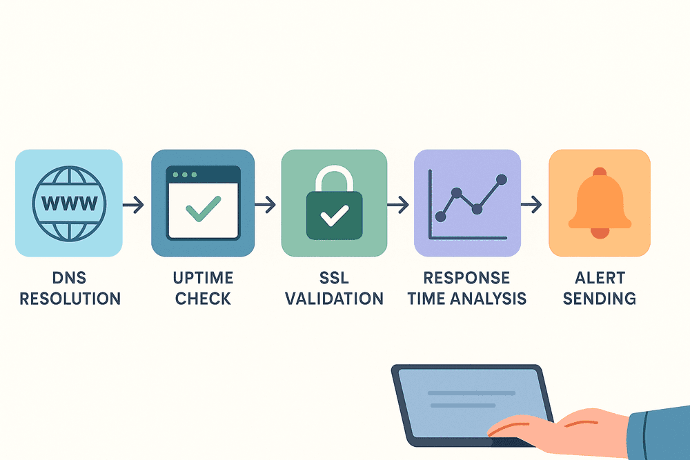 Illustration showing how website monitoring tools check uptime, performance, and SSL status in real-time