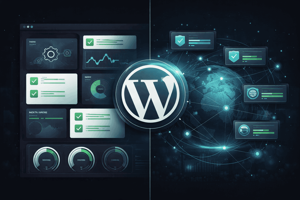 Illustration comparing internal WordPress plugin monitoring with external uptime and health monitoring