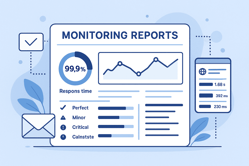 Illustration showing a website monitoring report dashboard with uptime charts, response time graphs, and alert indicators, representing automated weekly performance summaries.