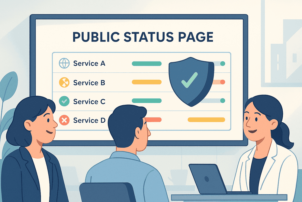 Illustration of a SaaS team reviewing a public status page dashboard on a large screen.