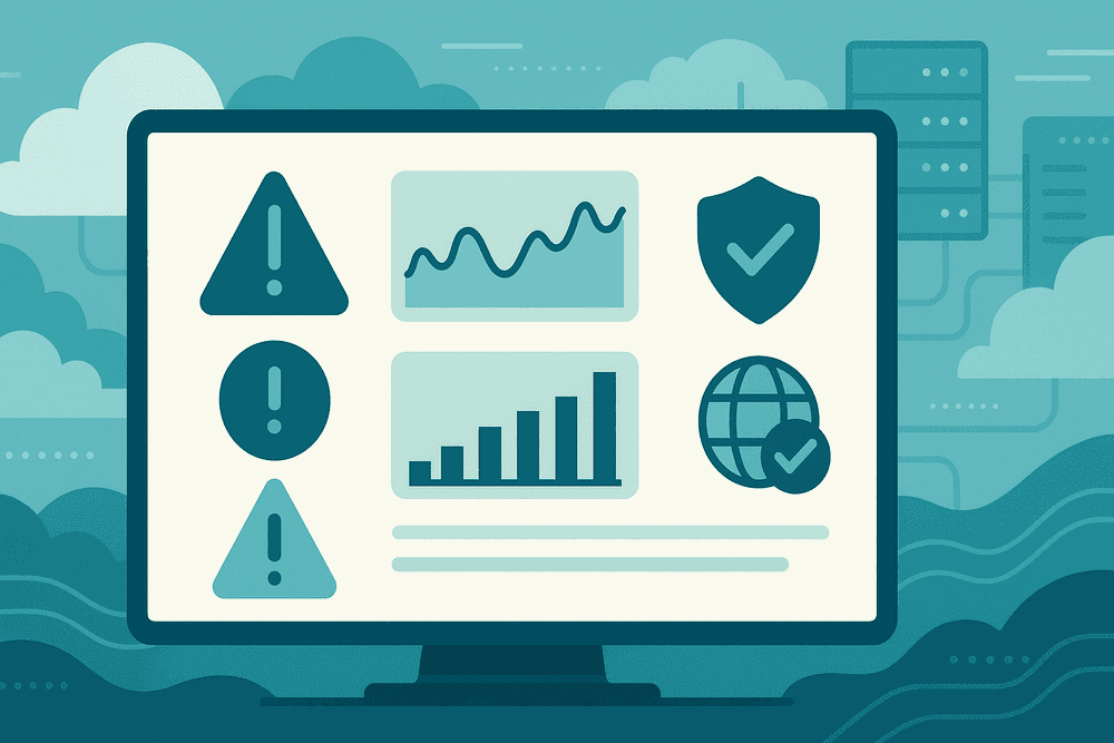 Illustration of a smart monitoring dashboard with alerts, performance metrics, and domain checks on a wide screen