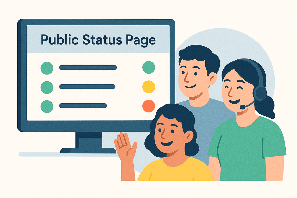 A digital illustration of a professional public status page interface with clear metrics and happy users.