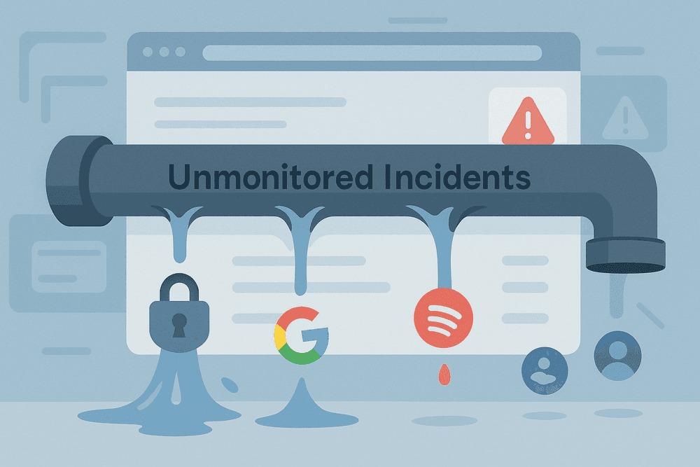 A flat digital illustration showing a leaking pipe labeled “Unmonitored Incidents” causing users and brand trust to fall through unnoticed cracks.