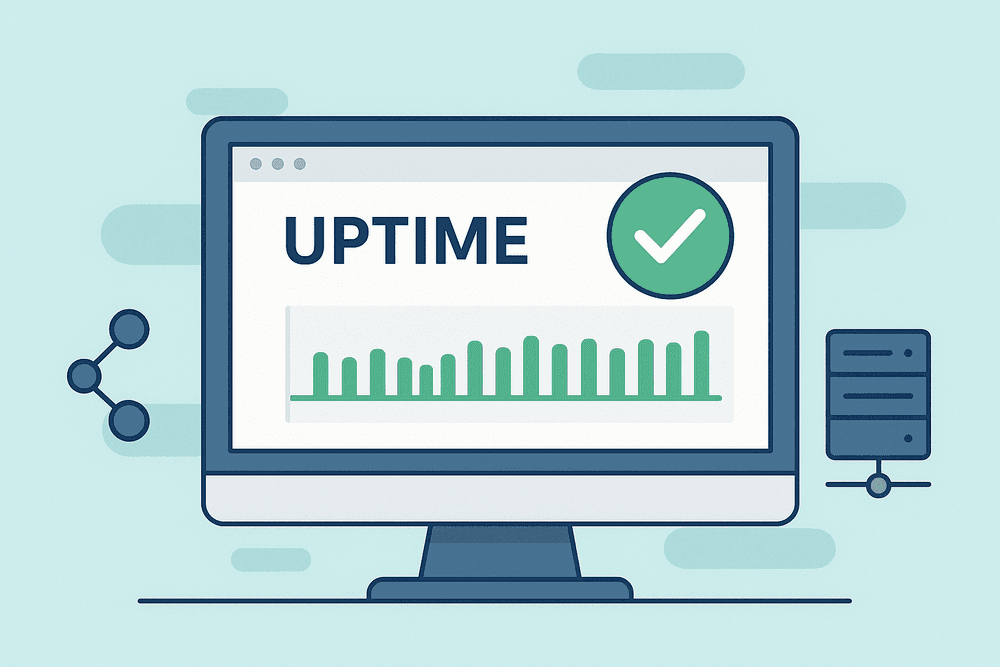 Illustration showing global website monitoring with uptime checks, performance graphs, and alert systems.