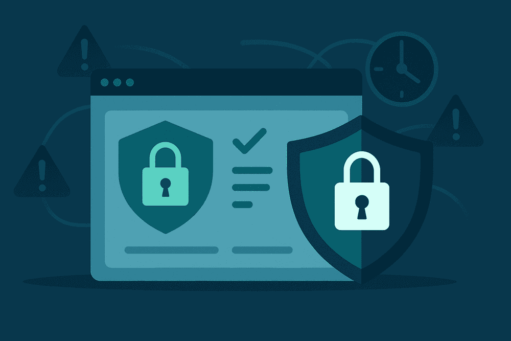 Illustration of a secure website protected by a digital shield with real-time threat monitoring.