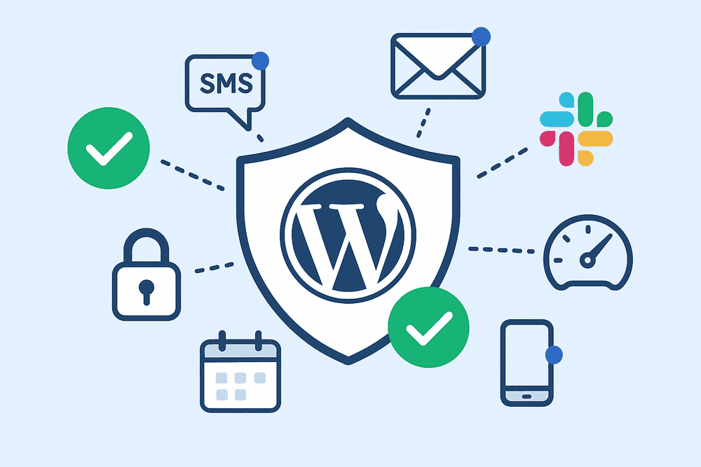 Illustration of WordPress monitoring with a shield and icons for uptime, SSL, domain expiry, and performance, surrounded by multi-channel notification symbols.