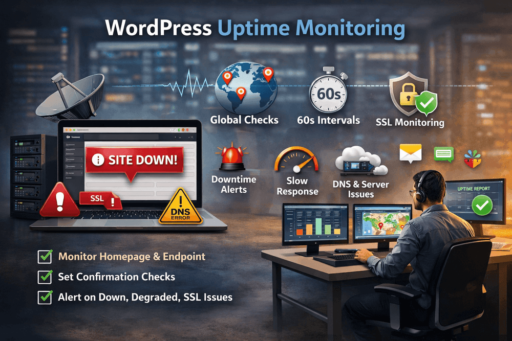 WordPress uptime monitoring dashboard showing a site down alert, global checks, SSL issues, and a person monitoring multiple screens with performance and availability graphs.