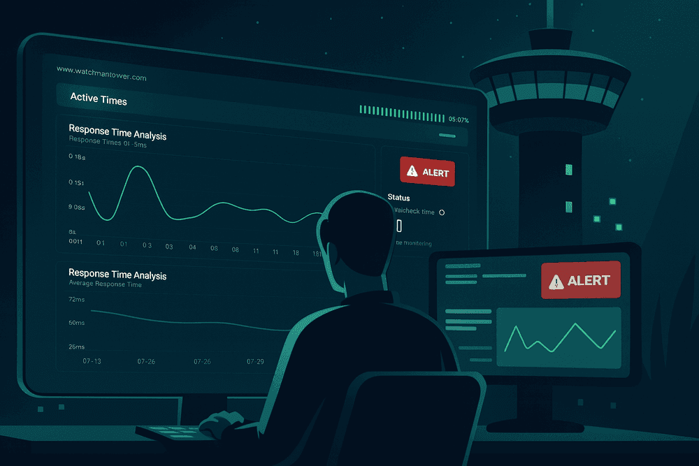 Watchman Tower dashboard showing uptime and server status alerts