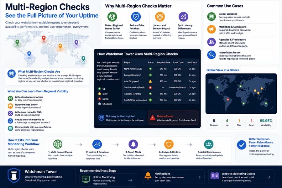 Infographic explaining multi-region website monitoring with uptime checks from multiple global locations, regional performance comparison, outage confirmation, latency analysis, and incident verification.