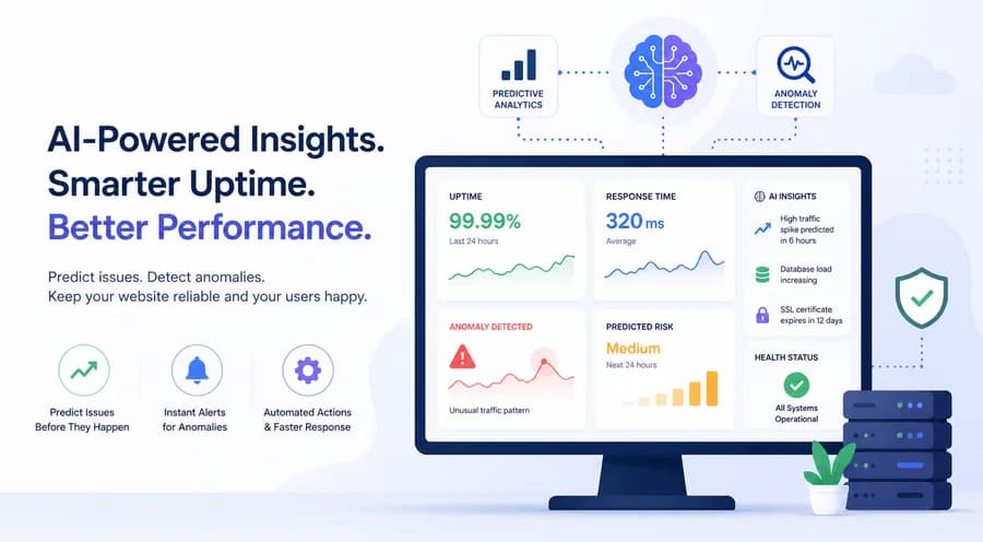 Modern illustration of an AI-powered uptime monitoring dashboard featuring predictive analytics, anomaly detection, intelligent alerts, and real-time website health insights.