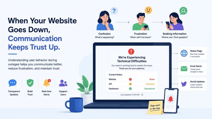 Flat vector illustration showing user reactions during website downtime, including confusion, frustration, information seeking, a status page, real-time alerts, and transparent communication.
