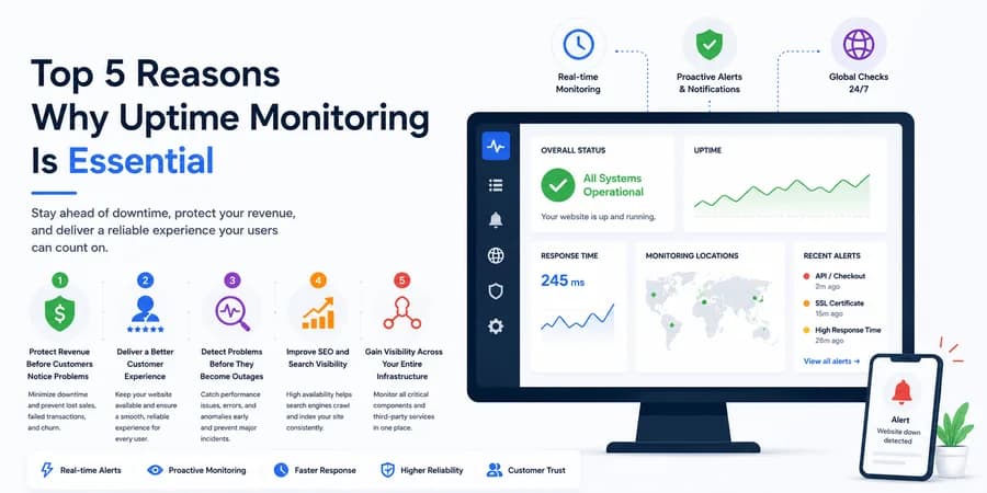 Flat vector illustration of a website uptime monitoring dashboard highlighting the five key benefits of uptime monitoring, including revenue protection, customer experience, proactive issue detection, SEO visibility, and infrastructure monitoring.