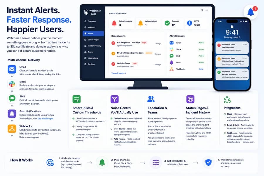 Flat vector illustration of a website monitoring alerts dashboard showing instant incident notifications, multi-channel delivery through Email, Slack, SMS, Push, and Webhooks, along with smart alert rules, escalation workflows, and incident history.