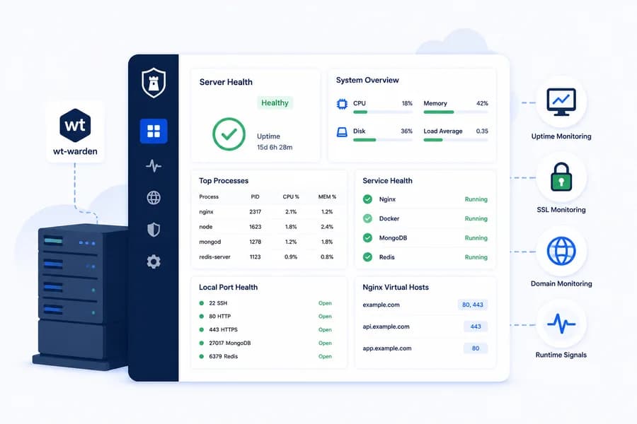 Minimal flat vector illustration of a server monitoring dashboard displaying CPU, memory, disk usage, service health, top processes, local port status, and runtime metrics collected by the wt-warden agent.