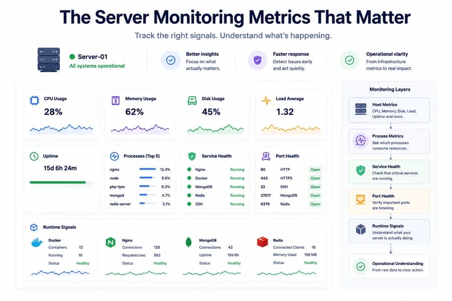 Minimal flat vector illustration of a server monitoring dashboard displaying essential infrastructure metrics including CPU, memory, disk usage, load average, process visibility, service health, port status, and runtime insights.