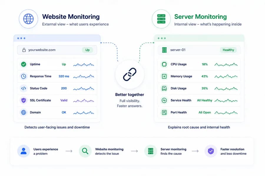 Minimal flat vector illustration comparing website monitoring and server monitoring, showing external uptime, response time, SSL checks alongside internal CPU, memory, service health, and runtime metrics connected through a unified monitoring workflow.