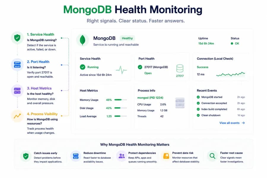Minimal flat vector illustration of a MongoDB health monitoring dashboard displaying service health, port 27017 status, host metrics, process visibility, and database availability insights.