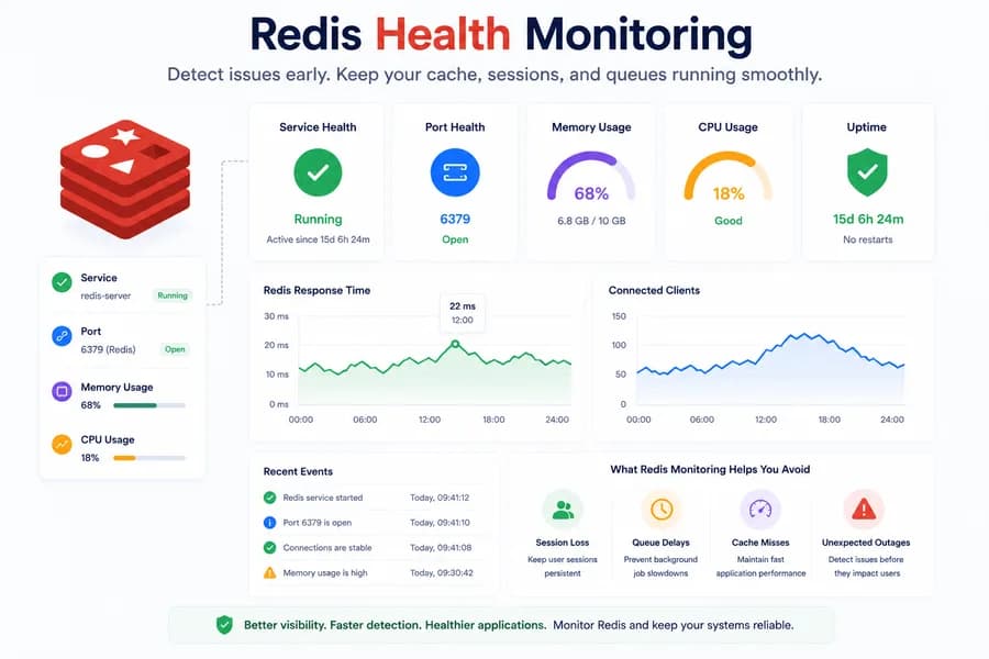 Minimal flat vector illustration of a Redis health monitoring dashboard displaying Redis service health, port 6379 availability, memory usage, CPU metrics, response time, and application dependency status.