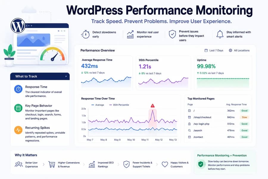 Minimal flat vector illustration of a WordPress performance monitoring dashboard showing response time, uptime, key page performance, latency trends, and proactive monitoring insights for website optimization.