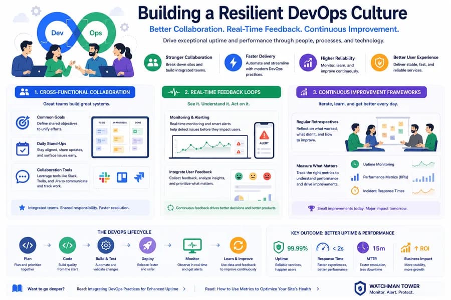 Minimal flat vector illustration showing a resilient DevOps culture with cross-functional collaboration, CI/CD workflows, real-time monitoring, incident response, continuous feedback loops, performance metrics, and continuous improvement for better uptime and reliability.