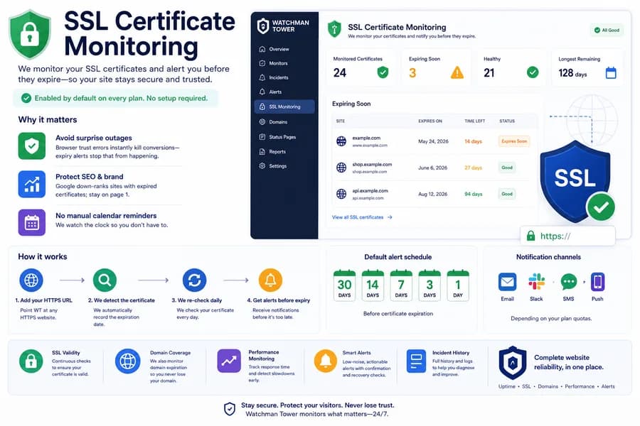 Minimal flat vector illustration of an SSL certificate monitoring dashboard showing certificate expiry tracking, automatic expiration alerts, HTTPS security status, upcoming renewals, and multi-channel notifications for proactive website security.