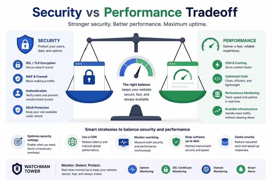 Minimal flat vector illustration showing the balance between website security and performance with security features on one side, performance optimization on the other, and monitoring at the center to maintain uptime, speed, and reliability.