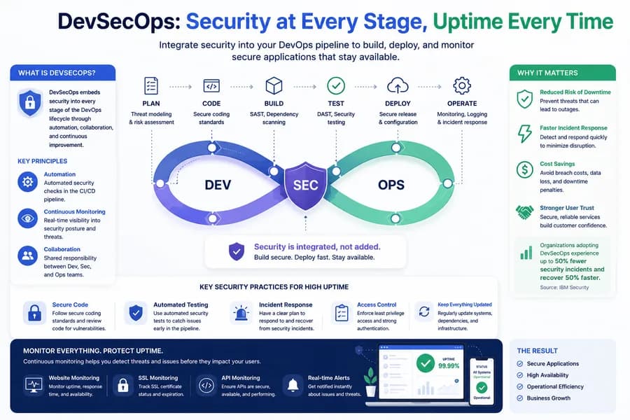 Minimal flat vector illustration of a DevSecOps workflow showing development, security, and operations connected through continuous integration, automated security testing, continuous monitoring, and uptime-focused deployment in a modern software delivery pipeline.