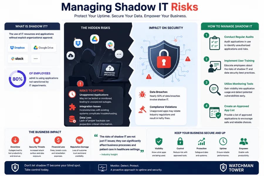 Minimal flat vector illustration showing shadow IT risks with unauthorized cloud applications, security monitoring, compliance checks, and IT governance. The illustration highlights how monitoring and visibility help reduce security risks while protecting uptime and business continuity.