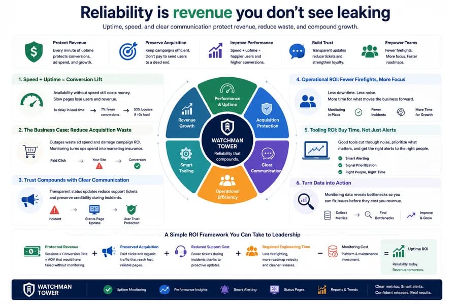 Minimal flat vector infographic showing how website monitoring improves business ROI through uptime, performance optimization, acquisition protection, customer trust, operational efficiency, and reduced incident response costs.