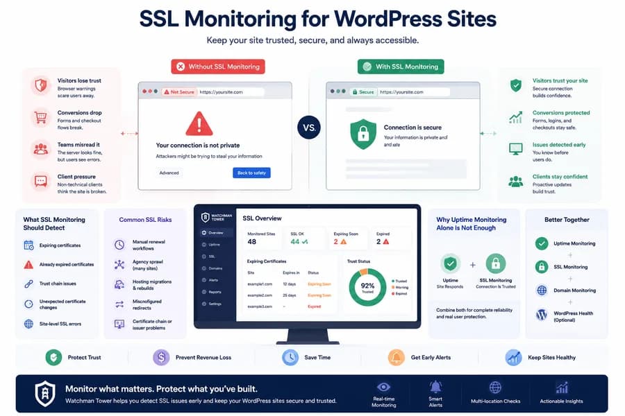 Minimal flat vector illustration showing SSL monitoring for WordPress websites with certificate expiry tracking, security warnings, trusted HTTPS connections, uptime monitoring, and proactive alerts to prevent SSL-related issues.