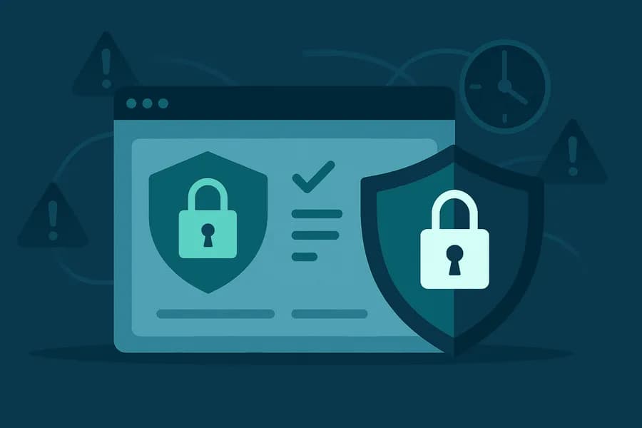 Illustration of a secure website protected by a digital shield with real-time threat monitoring.