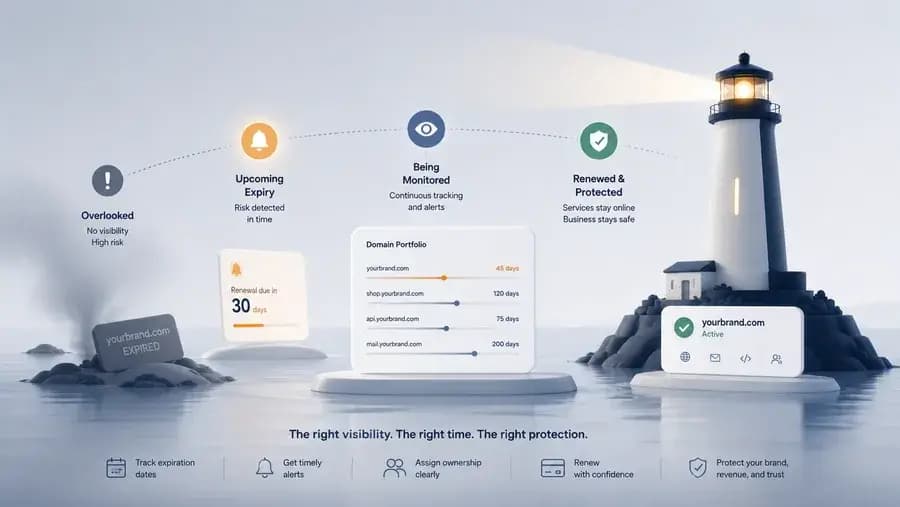 Domain expiry monitoring process showing an upcoming renewal risk, centralized domain portfolio tracking, timely alerts, and a successfully renewed domain.
