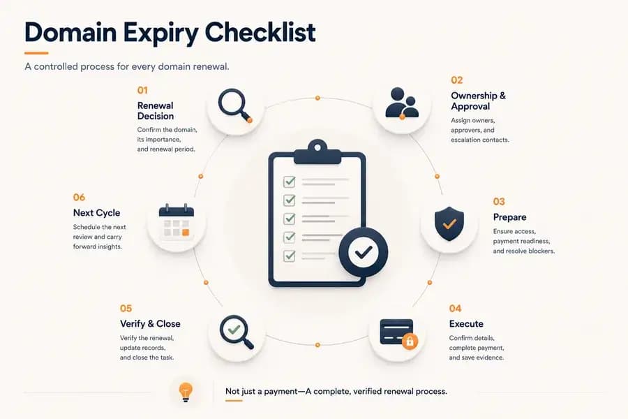 Editorial illustration showing a centralized domain renewal checklist surrounded by six stages of the renewal process: renewal decision, ownership and approval, preparation, execution, verification, and the next renewal cycle.